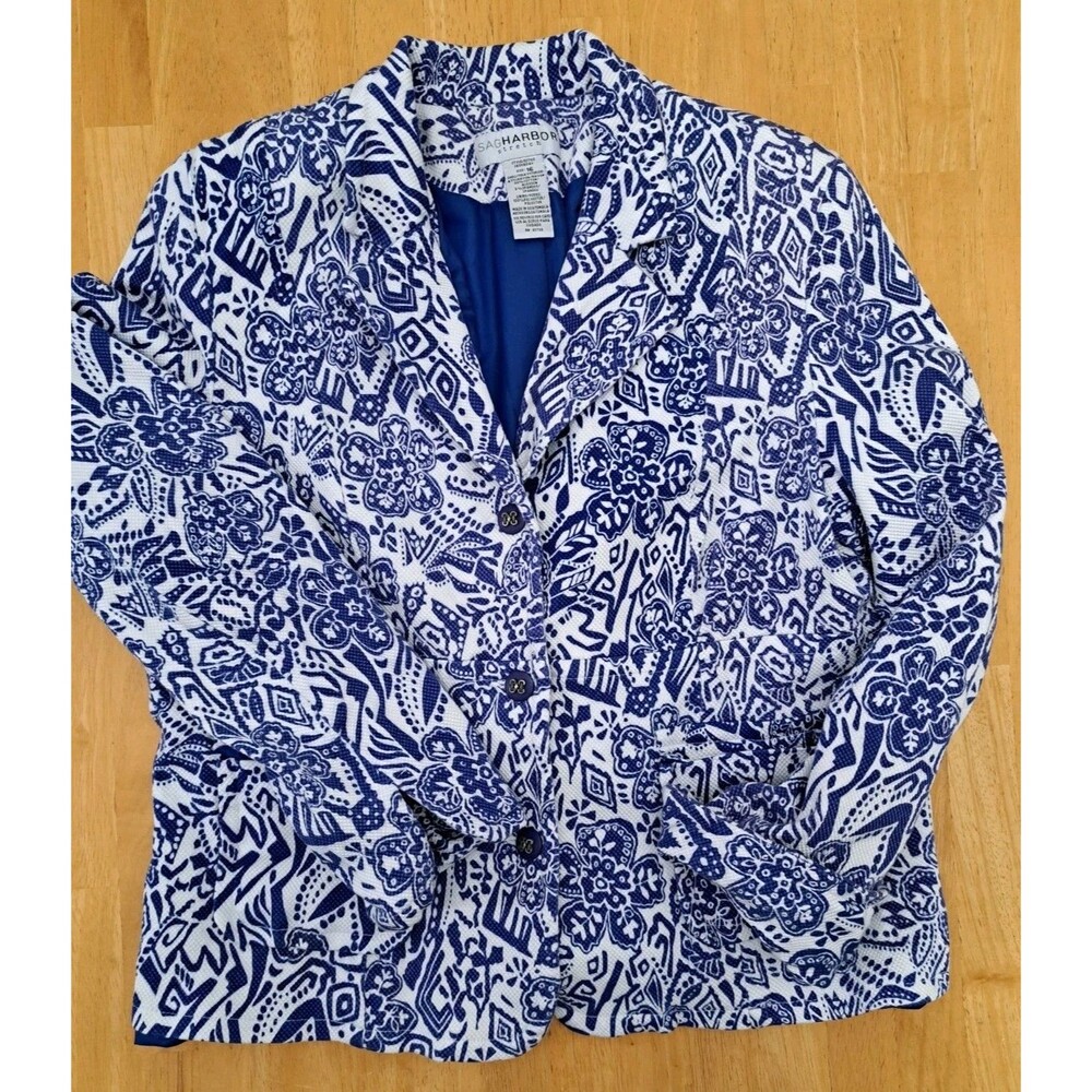 Sag Harbor Blue & White Floral Blazer Jacket Lined Career Women's Size 16